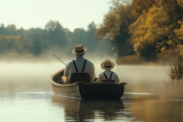 Father and son fish peacefully on a misty lake, nineteenth-century morning
