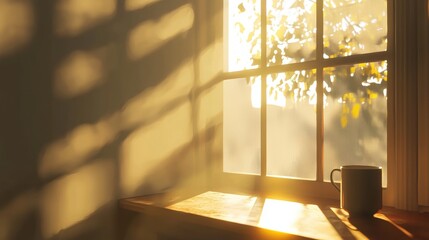 A warm, inviting scene of a wooden window sill with a coffee mug and a tree outside.