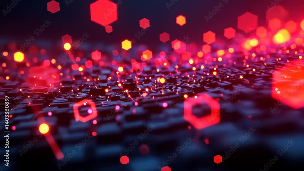 Poster glowing hexagons dance over a futuristic, pulsating grid of light and shadow