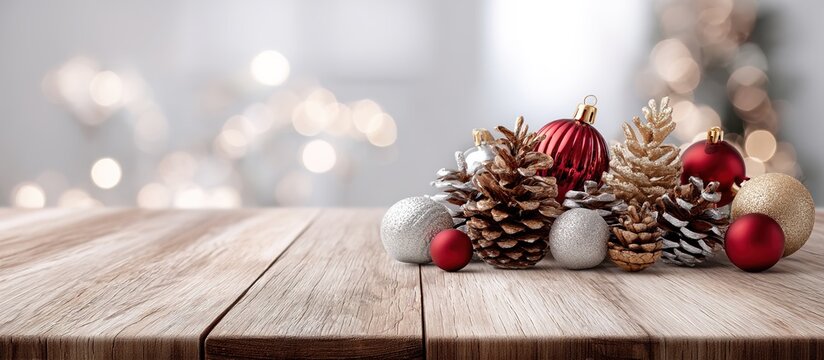 Wooden table with pinecones, red-and-gold Christmas ornaments, foreground holiday arrangement, blurred background of decorated Christmas tree with lights