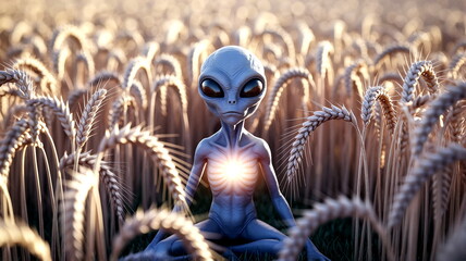 Mysterious alien sitting on wheat field, light from chest, surreal scene, extraterrestrial encounter, rural landscape.