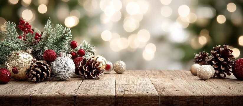 Wooden table with pinecones, red-and-gold Christmas ornaments, foreground holiday arrangement, blurred background of decorated Christmas tree with lights