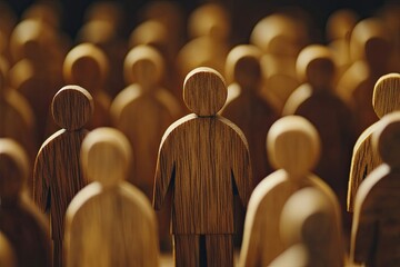 Businessman covering wooden figures of people. Employer commitment to protecting the human rights, labor rights, and providing support and insurance to employees within the community --ar 3:2