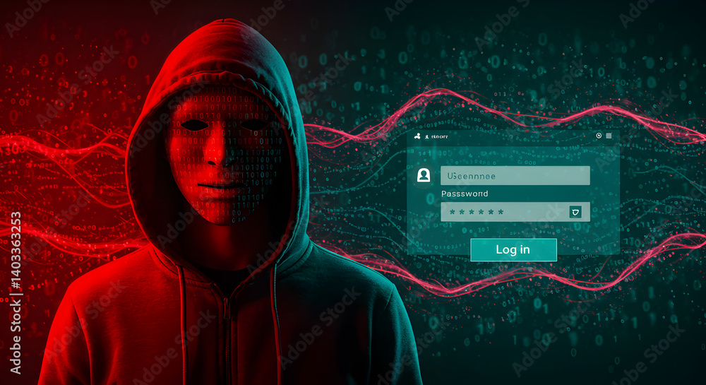 Poster hacker in hoodie with mask surrounded by digital binary code with red and green light showing cybers