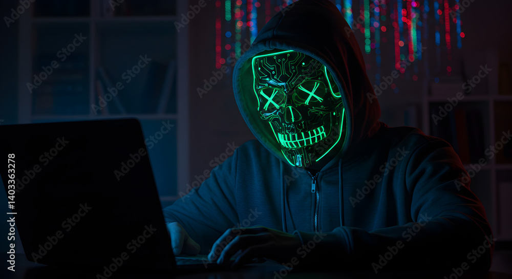 Poster hacker in hoodie with glowing neon mask coding on laptop in dark room under colorful binary rain