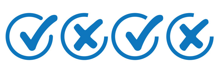 Check mark icon button set. Check box icon with right and wrong buttons and yes or no checkmark icons in green tick box and red cross.