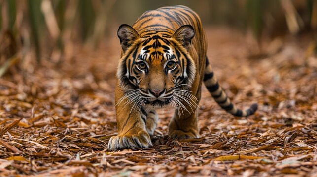 Majestic Sumatran Tiger Prowling Through Autumnal Forest