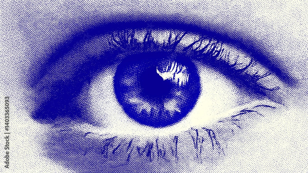 Poster close-up of a striking blue eye with intricate details in the iris capturing light in a unique artis