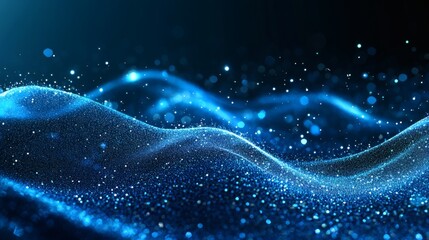 Abstract digital wave of shimmering blue particles.