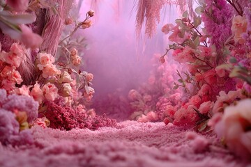 Dreamy pink-toned forest path winding through tall trees, surrounded by blooming pink and yellow flowers, misty atmosphere with soft diffused lighting, ethereal fantasy landscape.