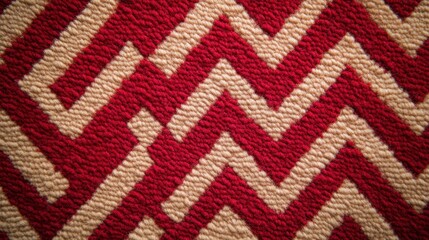 Close-up view of a textile with a repeating chevron pattern in red and beige.