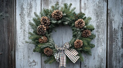 A farmhouse holiday wreath featuring rustic pinecones, checkered ribbons, and simple evergreen sprigs, beautifully placed on a weathered barn door