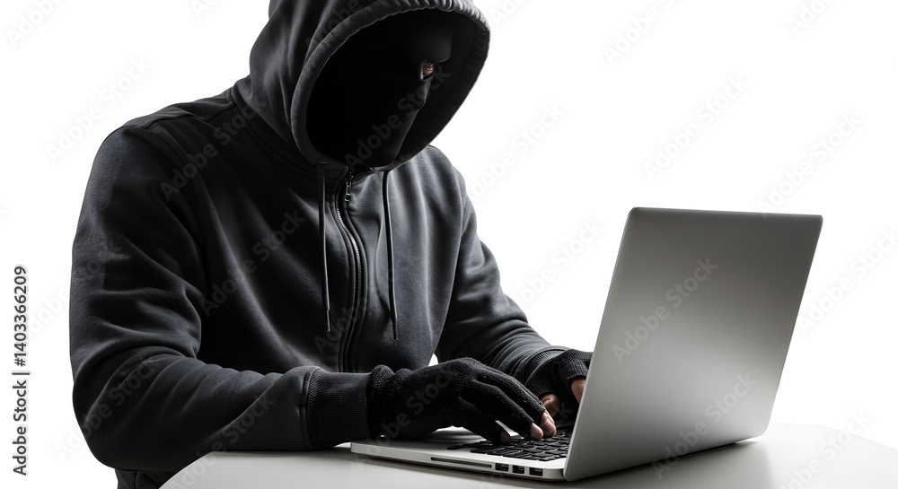 Poster hacker in dark hoodie and mask typing on laptop computer against a white background