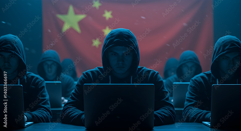 Poster group of hackers in hoodies hacking computers in dark room with chinese flag in the background