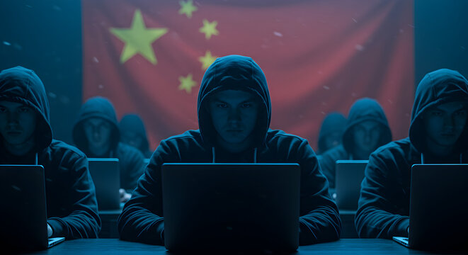 Group of Hackers in Hoodies Hacking Computers in Dark Room with Chinese Flag in the Background