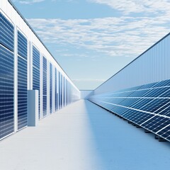 Fototapeta premium Renewable energy powered fulfillment center showing solar panels, EV fleet, and real-time energy efficiency analytics on wall screen., copy space for text - sustainable warehouse