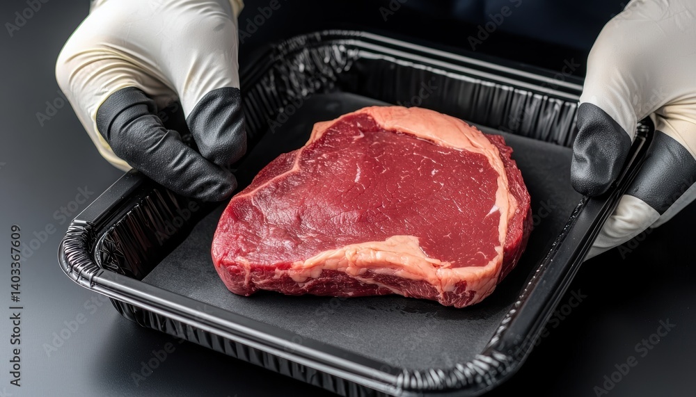 Aufkleber technologist inspecting vegan steak fresh off 3d printer tray, checking consistency and structure fo