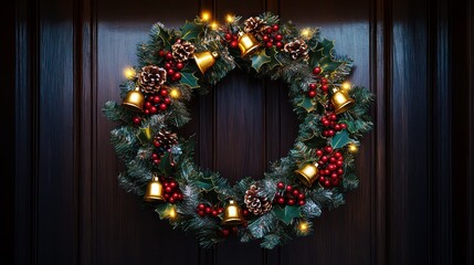 A festive Christmas wreath made of intertwined fir branches, deep red holly berries, and golden bells, elegantly placed on a