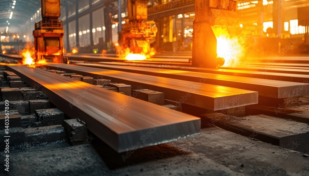 Poster view inside steel slab cooling bay with automated water sprays and infrared sensors monitoring metal