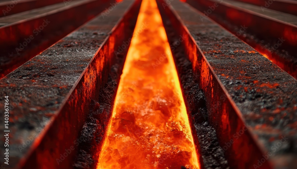 Poster view inside steel slab cooling bay with automated water sprays and infrared sensors monitoring metal