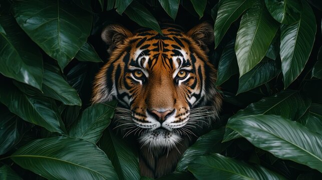 Majestic Tiger Hidden in Lush Tropical Foliage - Powered by Adobe