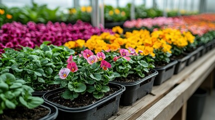Vibrant Pansies in Greenhouse Rows