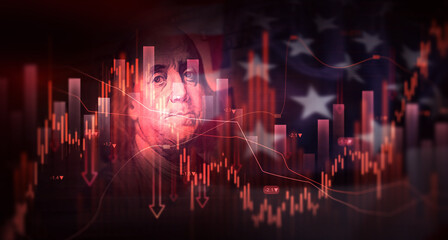 Crisis in USA, rising inflation, devaluation of dollars and the economy. Stock market trading graph with american flag is damage.Effect of recession US economy and import tariffs.
