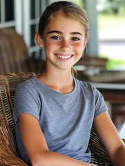 Portrait of a charming little girl with freckles and blond hair in a ponytail, sitting and smiling sincerely. Perfect for baby products, family blogs and projects related to childhood and happiness