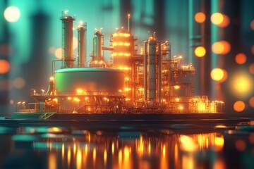 A brightly lit industrial complex reflecting in the water below