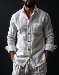 White linen shirt portrait view on plain black background