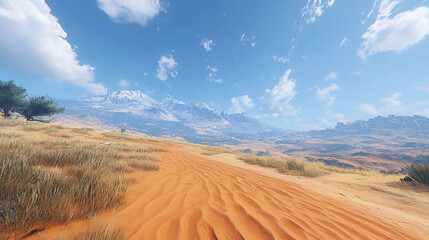 Fototapeta premium Vast desert landscape stretches to distant snow-capped mountains.