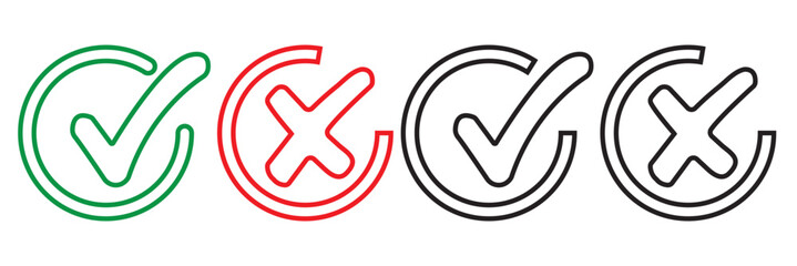 Check mark icon button set. Check box icon with right and wrong buttons and yes or no checkmark icons in green tick box and red cross.