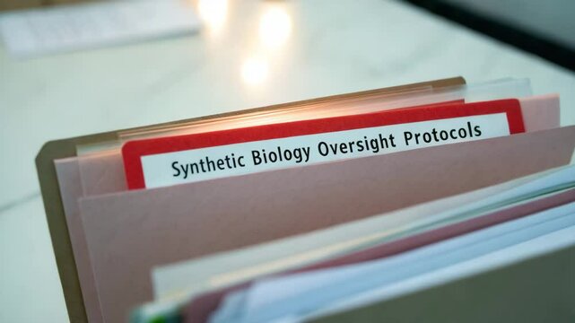 A collection of file folders with a focus on "Synthetic Biology Oversight Protocols" clearly labeled in an office setting.