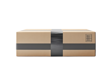Securely sealed cardboard package ready for shipping dark background grey tape simple design