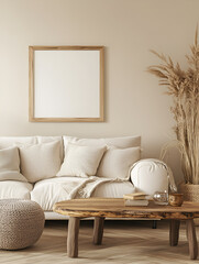 modern interior design mockup background with a blank poster frame, sofa and coffee table in light beige tones, minimalist style, natural lighting, high resolution photography