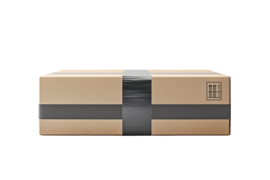 Securely sealed cardboard package ready for shipping dark background grey tape simple design