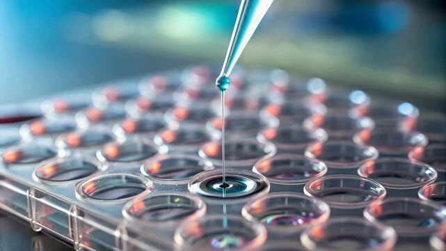 A pipette delicately drops a liquid into a clear microplate, surrounded by small circular wells filled with colorful liquid.