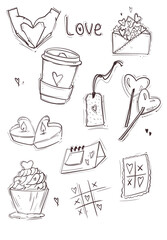 Doodle illustration love hearts february 14 candle glass calendar lollipops cupcake hands letter white background