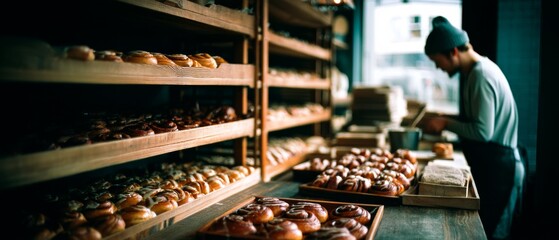 A baker in a beanie diligently arranges fresh pastries on wooden shelves in a warm bakery, with sunlight streaming in through the windows.