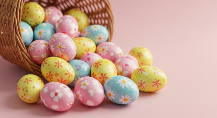 Fototapeta premium Pastel Easter Eggs Spilling from Tipped Wicker Basket on Pink Surface