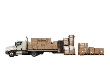 Fully loaded semi truck delivering cardboard boxes against a black background efficient logistics