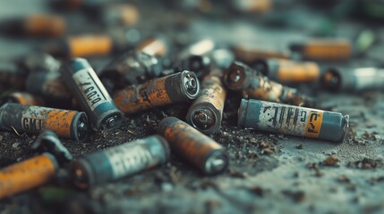 A pile of old, corroded AA batteries scattered on a dusty surface, highlighting decay and environmental impact