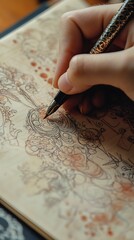 Hand Drawing Detailed Floral Design With Fountain Pen on Light Beige Paper