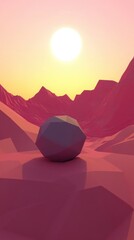 3D Polygon Geometric Mountains at Sunrise: Mystical Low-Poly Abstract Digital Art Landscape