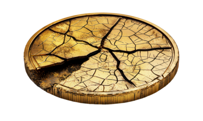 Cracked Gold Coin Symbolizing Cryptocurrency Market Crash Isolate on Transparent Background, cutout, png
