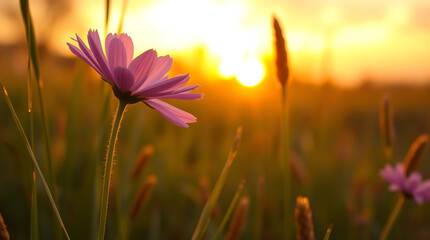 Obraz premium Close up grass field flower in beautiful golden sunset background, created by generative ai