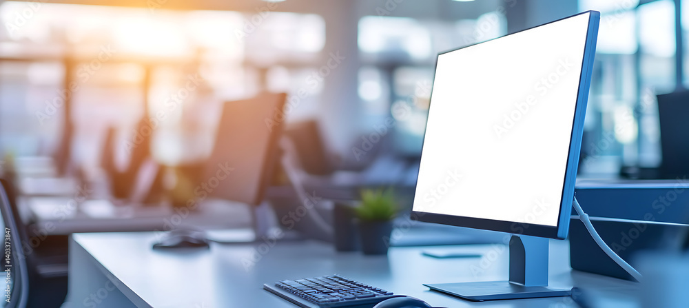 Poster professional office led monitor mockup with empty png display on desk for showcasing branding, creat