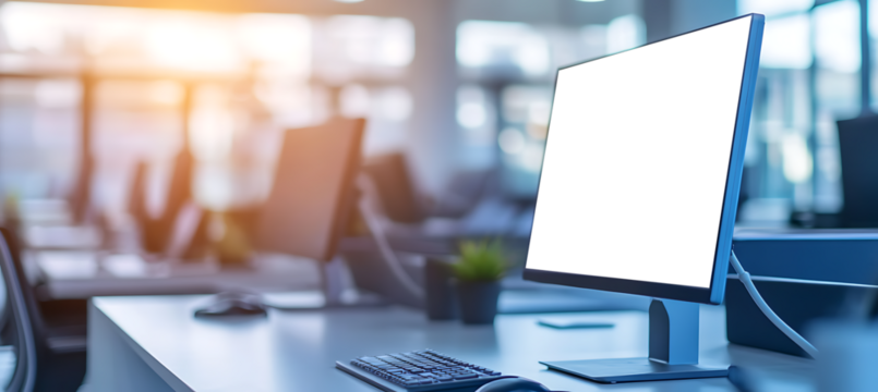 Professional Office LED Monitor Mockup with Empty PNG Display on Desk for Showcasing Branding, Creative Projects, or Promotional Visuals in a Clean Environment

 - Powered by Adobe