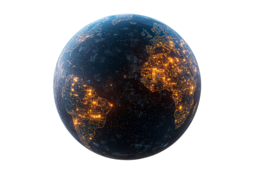 Glowing Earth illuminated by city lights isolated on transparent background