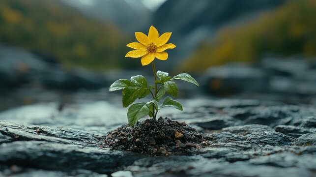 Resilience: A Single Yellow Flower Blooming Amidst Rocky Terrain - Powered by Adobe